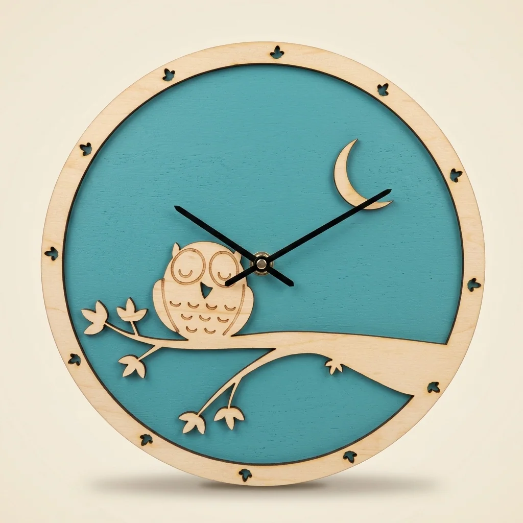 Reloj de pared con búho sobre rama y luna en turquesa