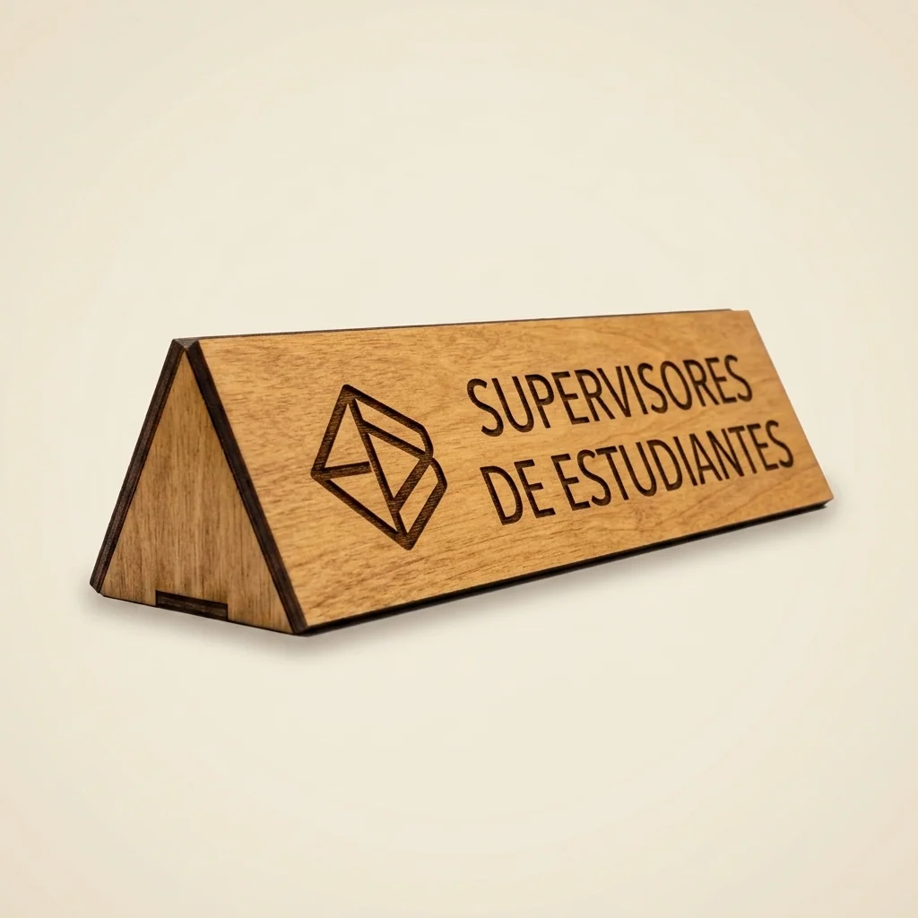 Letrero de escritorio triangular con logo y cargo