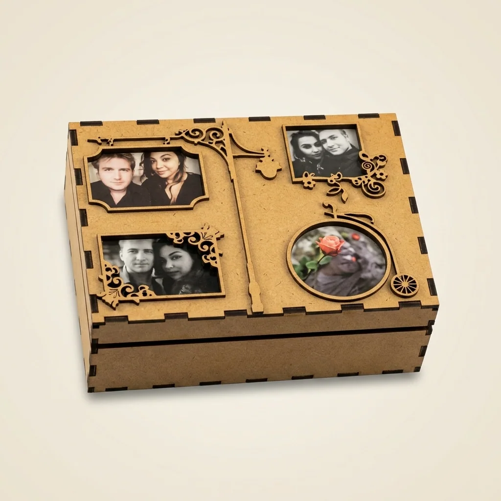 Caja álbum de madera con cuatro marcos de foto