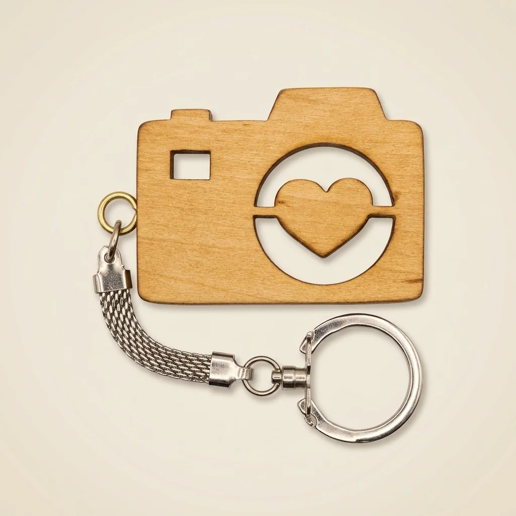 Llavero con forma de cámara fotográfica y corazón